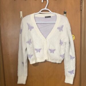 Shein White and Purple fuzzy Butterfly Sweater